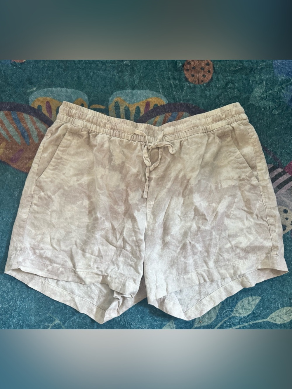 Old Navy Beige and White Drawstring Linen Shorts L Pockets Elastic Waist VGUC